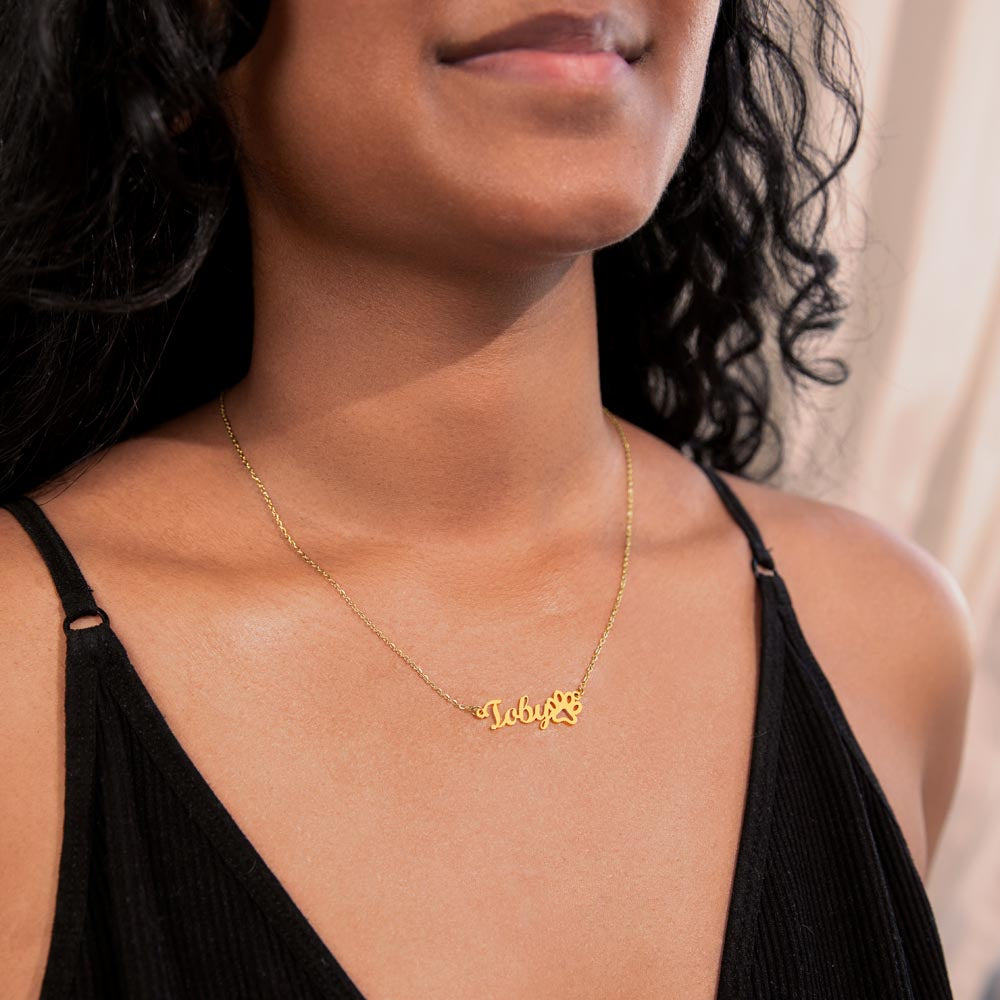 Paw Print Name Necklace - 18K Yellow Gold Finish