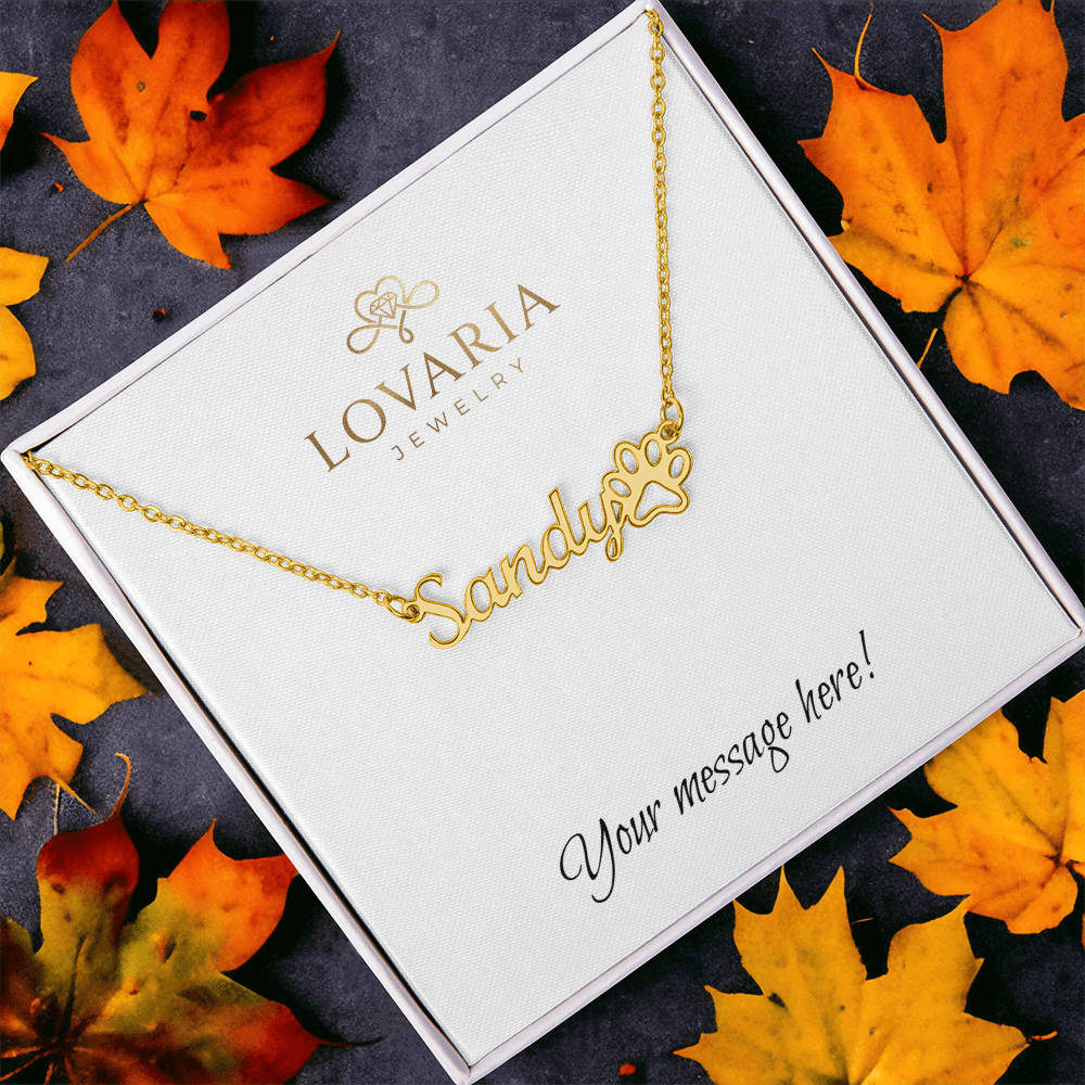 Paw Print Name Necklace - 18K Yellow Gold Finish