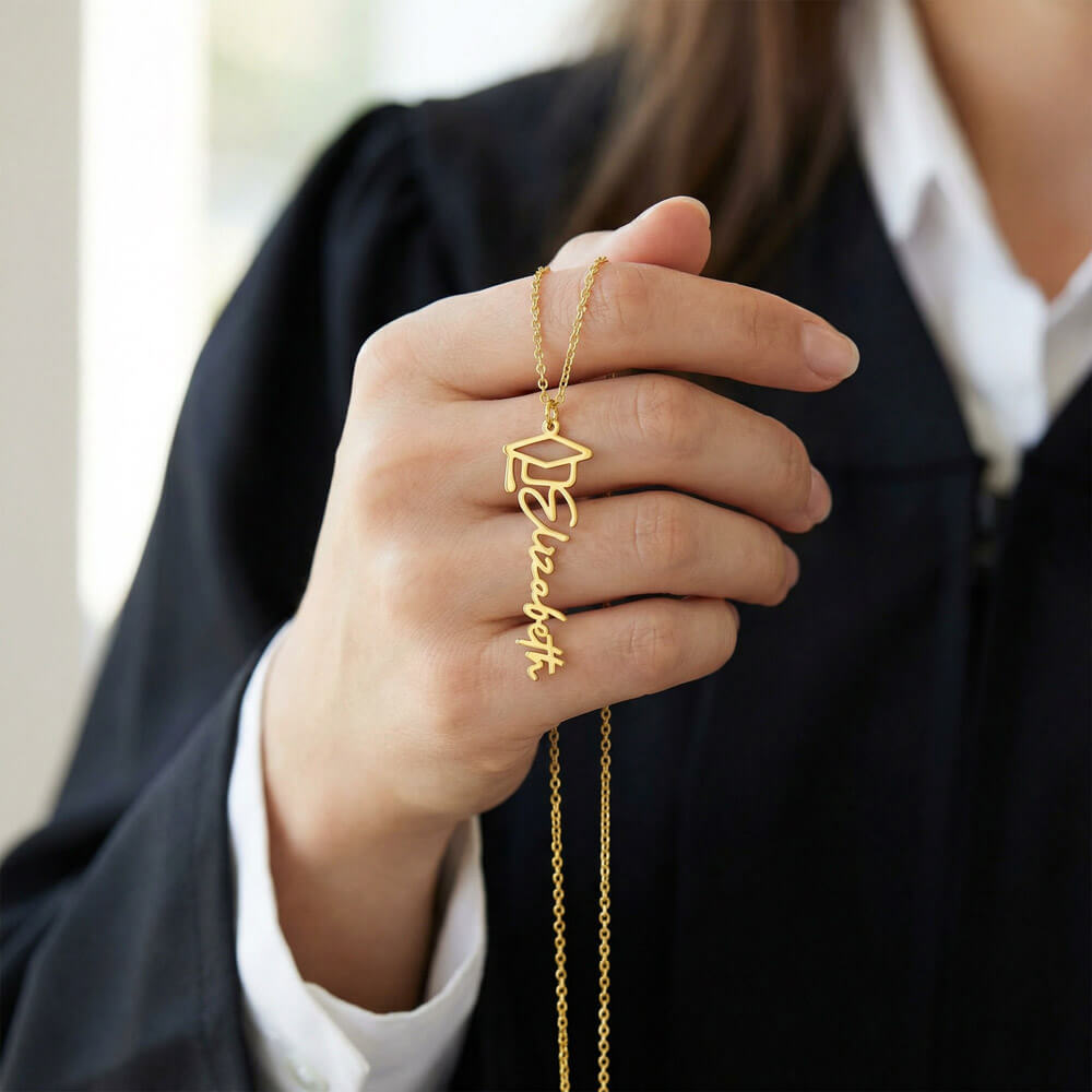 Graduation Cap Name Necklace - 18K Yellow Gold Finish