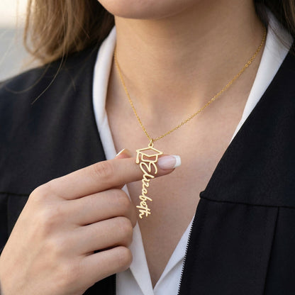 Graduation Cap Name Necklace - 18K Yellow Gold Finish
