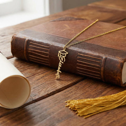 Graduation Cap Name Necklace - 18K Yellow Gold Finish