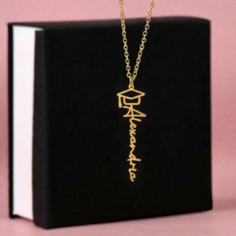 Graduation Cap Name Necklace - 18K Yellow Gold Finish